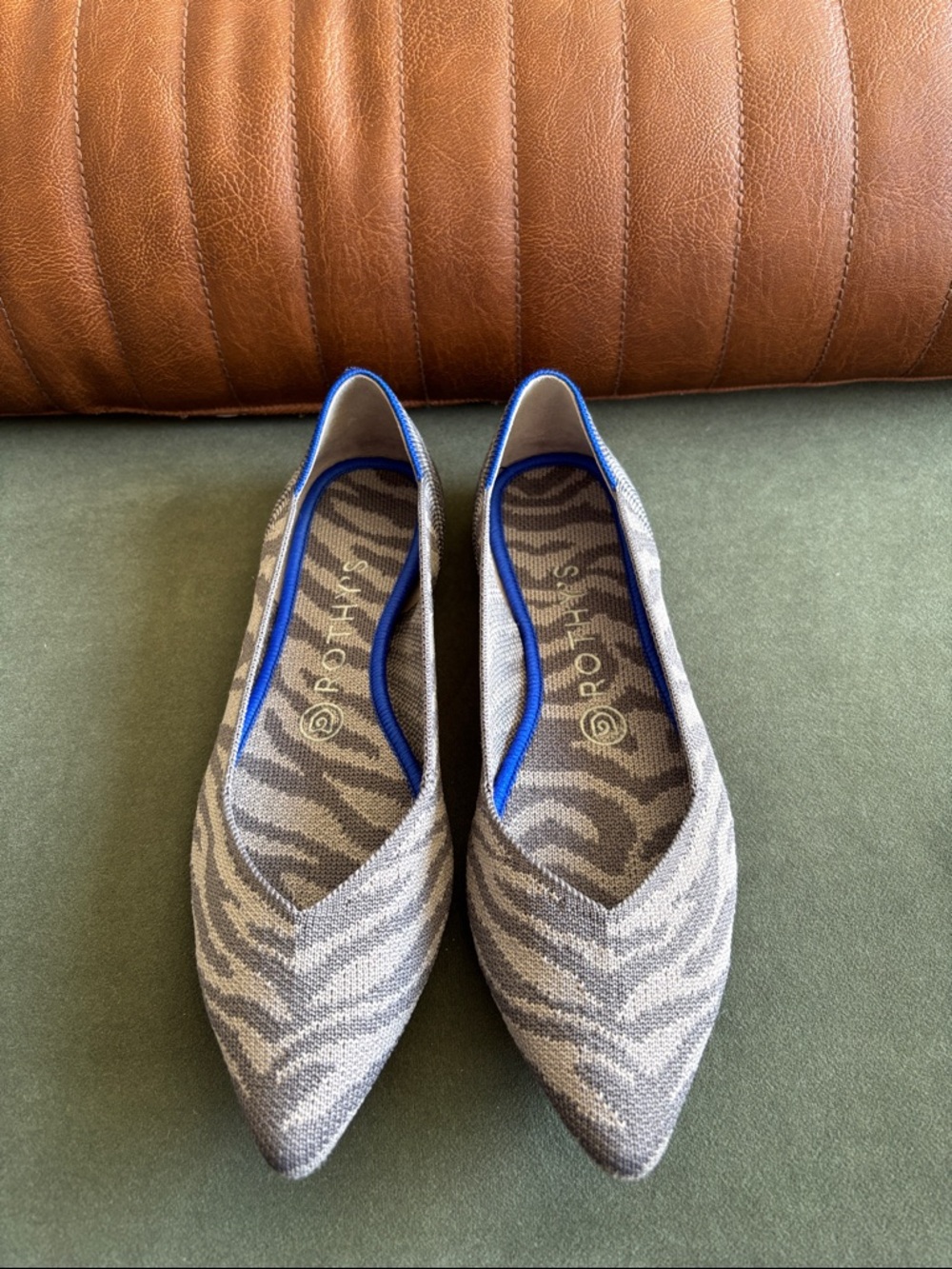 Rothy's Gray Patterned Pointed-Toe Flats with Blue Trim